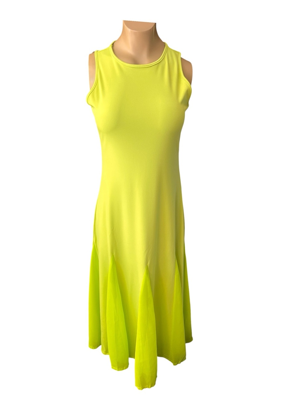 Sleeveless Lime Green A-Line Midi Dress with Chiffon Flare Panels